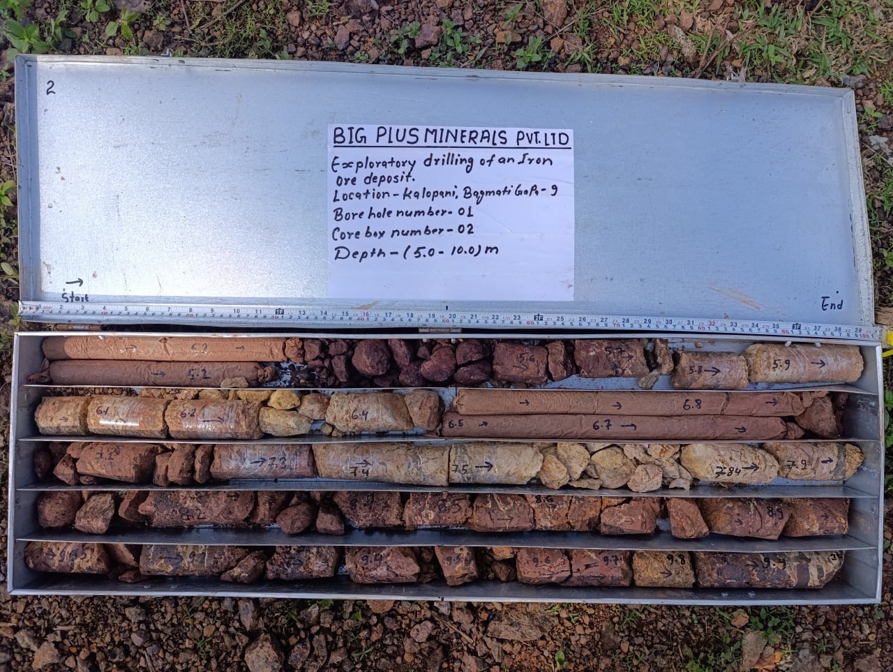 Iron exploration drill core samples arranged in a labelled core box