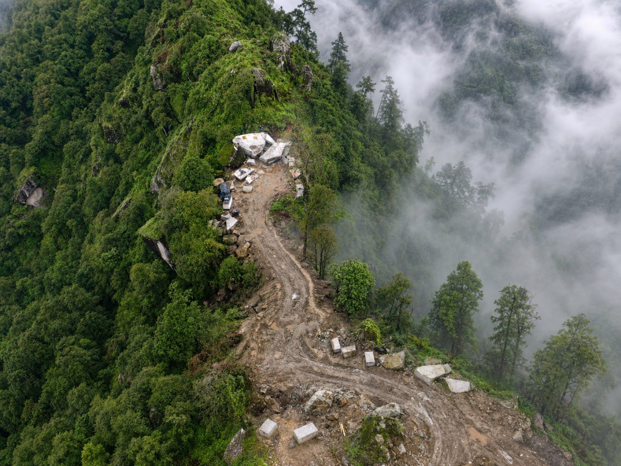 Drone view of the Kailash Granite Quarry quarry road and site in Makwanpur