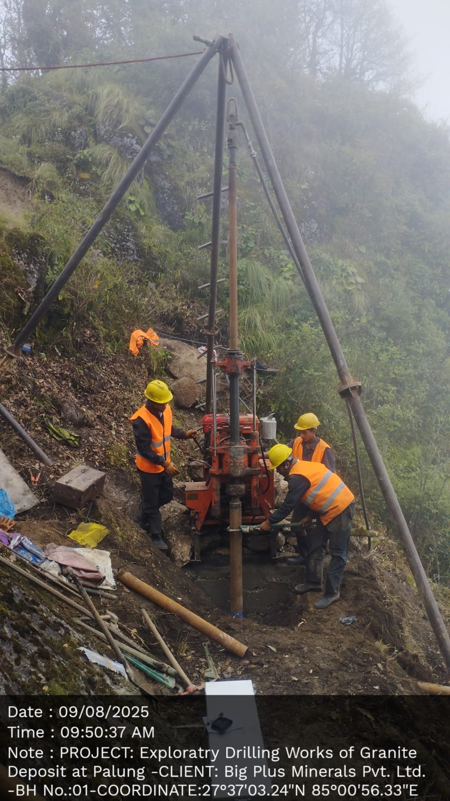 Drilling team and equipment during field work at Palung