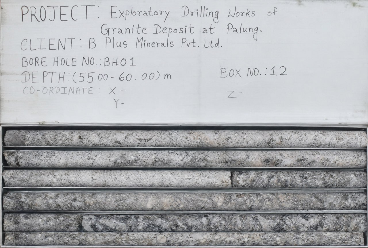 Granite drill core samples from borehole BH01 at Palung, depth 55–60 metres